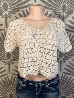 ⁠Vtg Y2K Crochet Knit Cardigan Crop Top Cream Ivory Boho Cottagecore Womens S